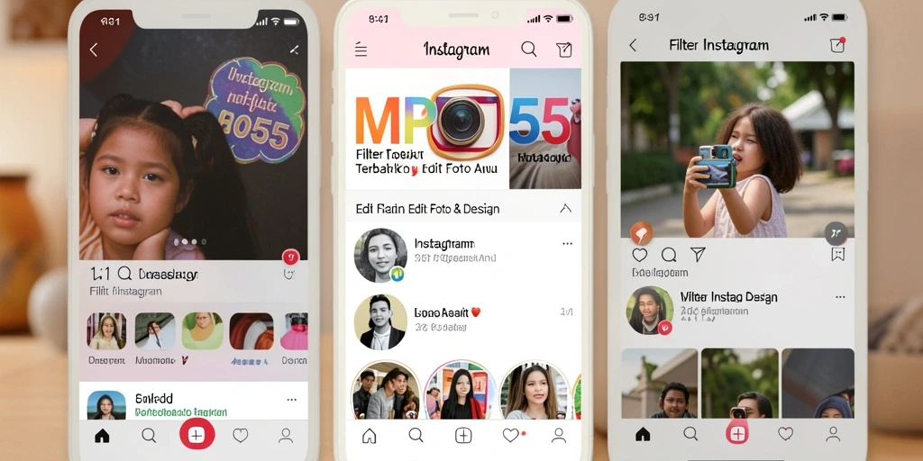 Tampilan antarmuka aplikasi MPO555 dengan pilihan filter Instagram yang menarik.